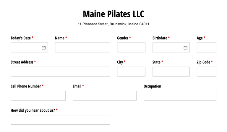 Image of a white form with a title stating Maine Pilates and additional fields to enter